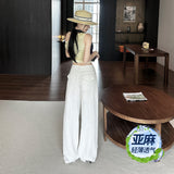 YC& Vintage Loose Broad Leg Trousers Twitching Cotton Hemp Thin Breathable Linen Straight Slacks Women