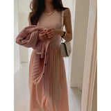 Korean Version Of The Summer Simple Round Collar Show Thin Splicing Folded Elastic Waist Skirt Sleeveless Long Dress 6 Colors