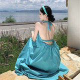 Seaside Holiday Style White Sling Dress Women Summer Sexy Bare Back Loose Skinny Beach Hanging Neck Long Skirt