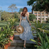 Temperament Sexy Dew-Back Flower Sling Skirt Woman 2025 Summer New To Collect Waist Thin Chiffon Dress