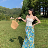 Seaside Holiday Style Suit French Rope Smear Vest Top Woman Early Autumn Blue Floral Half Dress Two Sets