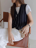 Blue Striped Knitted Horse Jacket Vest Women's Summer Wear 2025 New Temperament V Collar Old Money Blouse
