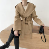 Korean Chic Autumn And Winter Retro High-End Belt Hair Coat Loose Small Hooded Cape Coat 3 Colors