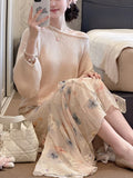 Adjusting The Pure Color Of Autumn Lantern Lantern Sweater Top Loose Knitted Autumn And Winter Long Sleeves Long Floral Half-Dress