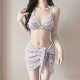 2026 New Bikini Women's Back Gathering Bra Sexy Striped Swimsuit Summer