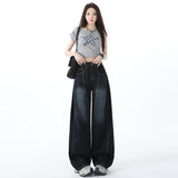 1101 # Single Retro Embroidered Broad-Legged Jeans Women's Loose Drag Trousers 1
