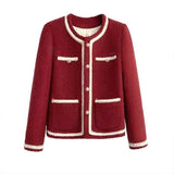 Red New Coat Down Cotton Fragrant Style French Design Fashion Temperament Long-Sleeved Top Coat Women's Clothing