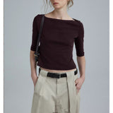 Temperament Retro Boatneck Seven-Sleeve T-Shirt For The Summer Of 2025 New Minimalist Commuter Top