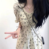 French Gentle Floral Dress Women's Summer High-Waisted Thin Bubble Sleeve Chic A-Character Skirt Super Fairy Temperament Dress