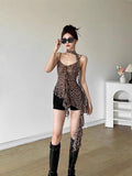 Vintage Style V-Neck Leopard-Print Small Sling Woman Summer Irregular Slimming Thin Mesh Yarn Top