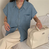 Real Shooting 2025 Summer Korean Simple Retro Buffet Denim Loose Polo Collar Short-Sleeved Shirt 2 Colors