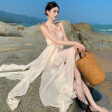 Sexy Temperament Heavy Industry Hanging Neck Sling Dress Women's Summer Dress White Bare Back Seaside Beach Skirt