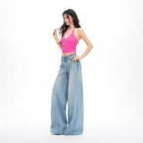 26 Years Of Spring And Summer New Light Green Retro Washing Mid-Rise Tug Loose Hole Denim Drag Jeans Woman