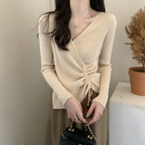 Autumn And Winter V-Neck Knitted Bottom Shirt Women Take Autumn And Winter French Waist Irregular Sweater Long-Sleeved Knitted Shirt Top