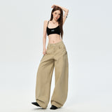 New Army Green Vintage Design Sense Big Pocket Knife Jeans Women's Drag Broad Legs