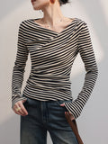 Design-Sense Striped Long-Sleeved Sleeve-Shouldered T-Shirt For Women's New Irregular Blouse In Early Fall 2025