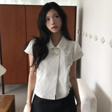 Korean Version Of The Girl Feeling Four Button Summer Retro Doll Collar Casual Short-Sleeved Shirt Top