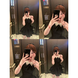 French Temperament Bows Slim Hanging Neck To The Waist Of The Thin Back Small Black Dress Summer New Pony Dress Woman