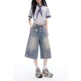 Cowboy Trousers Women Summer New Retro Old Star Print Loose Super Fire Seven-Point Pants Blue Spring