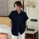 Real Shooting 2025 Summer Korean Simple Retro Buffet Denim Loose Polo Collar Short-Sleeved Shirt 2 Colors