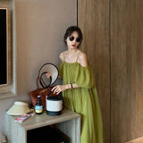 French Slings A Word Shoulder Green Dress Women 2025 Summer New Loose Shoulder-Sensitive Dress
