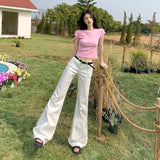 2025 Slim Horn Pants Retro Ice Blue Trumpet Jeans Women Design With A Sense Of Repairing Horseshoe Pants