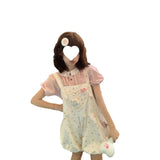 Sweet And Cute Butterfly Cute Flower Backs Pink Plaid Doll T-Shirt Summer New Set