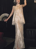 New Chinese Heavy Industry Lace Embroidery Sloping Sloping Vest + Fishtail Skirt Embroidery National Style Suit