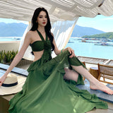 2026 Mori Traveller Art Vagrant Wind Tied With Lotus Leaf Side Dress Wave Hanging Neck-Lup