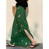 Mingmei Wears A Beautiful And Beautiful Holiday Temperament Green Print Side Open Fork A Word Half-Dressed Woman