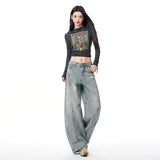 Vintage Scissors Jeans Female Star Print Pants Loose Straight Water Wash Old Broad Leg Pants