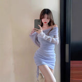 Sexy Hottie Sweet And Spicy Gentle Folding Word New Braid Mesh Elastic Long-Sleeved Dress Dress