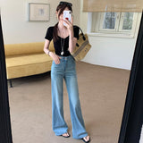 Blue Sky Silk Cowboy Broad-Legged Trousers Women 2026 Spring And Summer New Design Feeling Lumbar Leather Trousers
