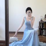 French Blue Tie Sling Dress Women's Summer Seaside Holiday Temperament High-End Feeling Waist Show Thin Pggy Long Skirt