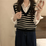 Early Autumn Knitted Vest Women Spring And Autumn New Gentle Lazy Wind V-Neck Striped Knitted Vest Sweater