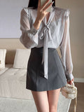 Zhiyuan Sister V Collar Pressure Folded Long Sleeve Chiffon Shirt Women's Autumn Thin Loose Tops Appear High Commuter Lantern Sleeves
