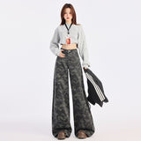 Grey Camouflage Broad-Legged Jeans Women's Spring 2025 New High-Rise Loose Thin Straight Trousers Snow Neil