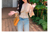 Fairy Lace Shirt V Collar Temperament Thin Folded Lantern Sleeve Chiffon Pearl Buckle Temperament Shirt Summer