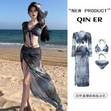 Strict Bikini Women's Long-Sleeved Skirt Split Four Sets Tie Dye Sunscreen Meat Sexy Bolisi 7095