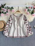 Vintage Lantern Long-Sleeved Round-Neck Embroidered Shirt Ethnic Wind Embroidery Escheasus Loose With Cotton Doll Shirt Top