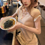 Wool Horse Seaweed Tops Thin Texture Lace Knitting V Girl Lace Knitting V Collar Loose Top
