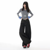 Vintage Wide-Legged Denim Slacks Autumn New Loose-Hanging Scimits Straight Trousers Pure Black