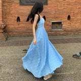 Super Fairy Design Sense Of Summer Waves Blue Pure Lust Wind Holiday Wind Bare Back To Show Thin Skirt Slings Long Skirts