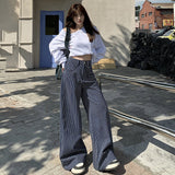 Vintage Deep Blue Striped Broad-Legged Jeans Loose Casual Straight Tug Trousers & Lengthy Vintage