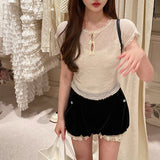 Lace Color Bow Thin Crochet Wool Knitting Top Romantic Style Short Sleeve First Love Spring New