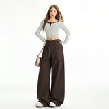 6605 New Coffee Color Retro Babes Split Jeans Women Straight Show Thin Loose Leg Trousers