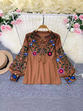 Spring And Autumn Retro National Style Temperament Long-Sleeved Round Collar Collar Embroidered Loose Shirt Female Air Doll Shirt
