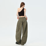 New Army Green Vintage Design Sense Big Pocket Knife Jeans Women's Drag Broad Legs