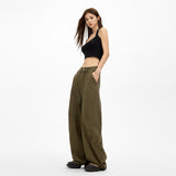 Army Green Broad-Legged Jeans Women's Loose Summer Retro Splicing Design Old Dad Drag Trousers