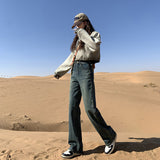 Cement Gray Narrow Version Of Broad-Legged Jeans Women Retro Winter Nostalgic Little Straight Pants